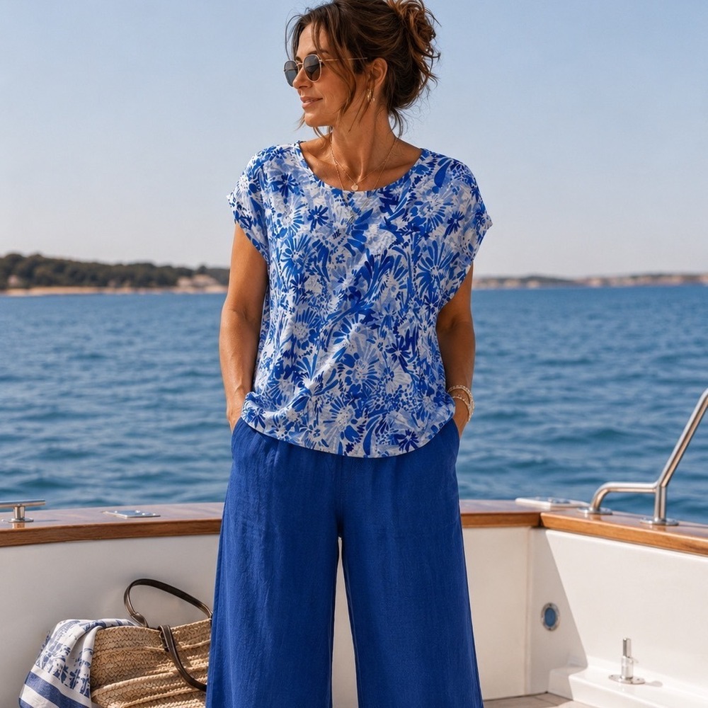 Joie Blue White Floral 100% Linen Cap Sleeve‎ Top XL Relaxed Summer Blouse
